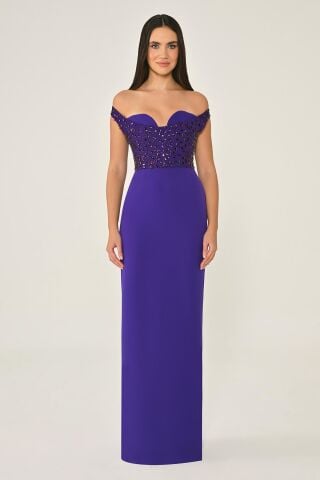Düşük Omuz Üstü Taşlı Krep Uzun Elbise Mor - 42