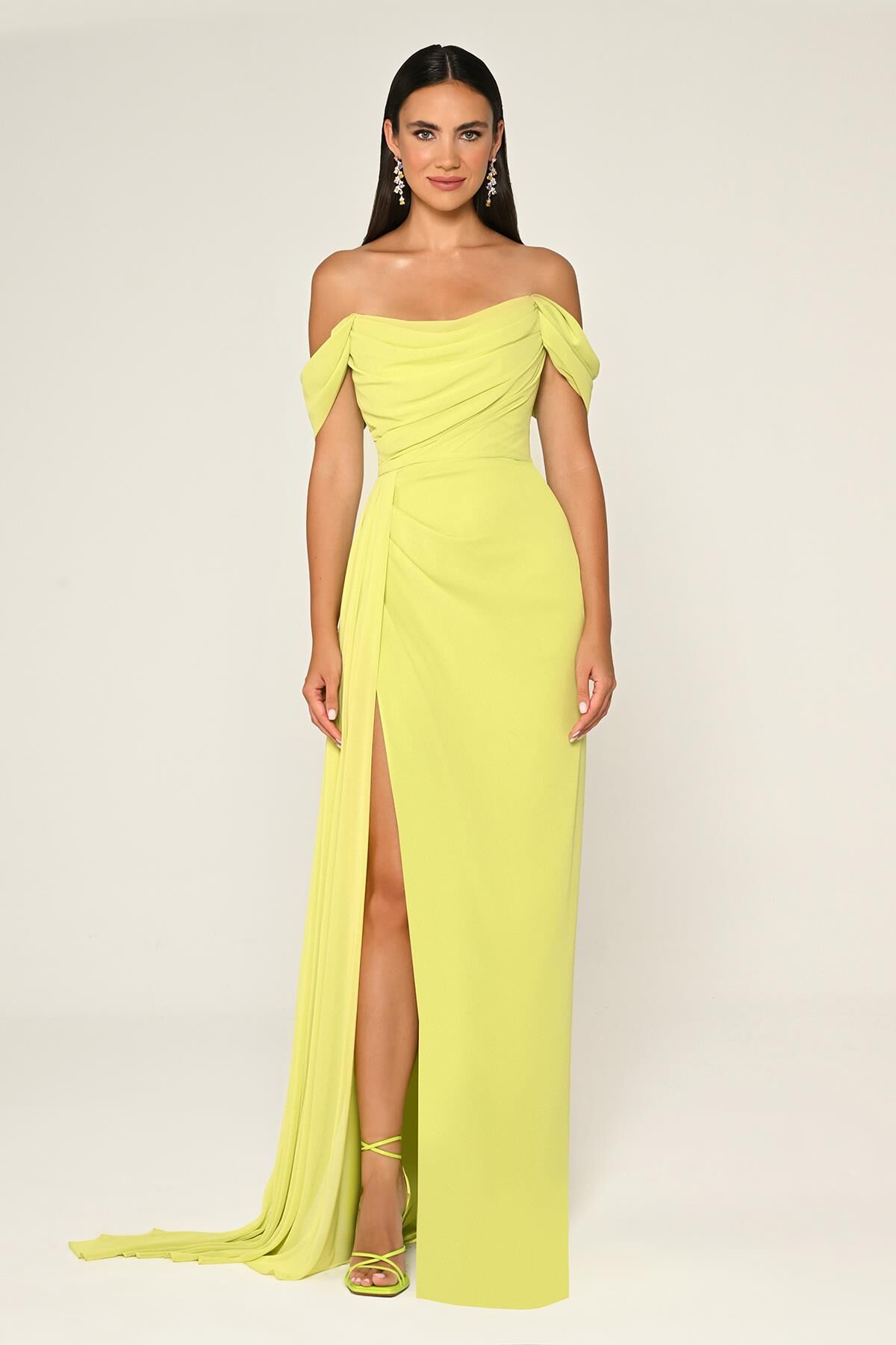Low Shoulder Side Slit Chiffon Long Dress APPLE GREEN - 38