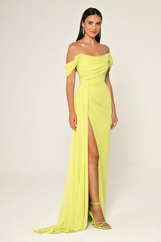 Low Shoulder Side Slit Chiffon Long Dress APPLE GREEN - 38