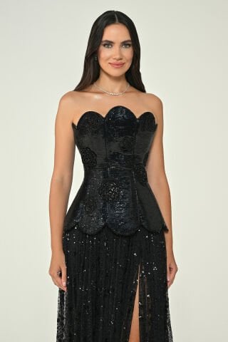 Straplez Üst İpek Kadife Eteği Payet Uzun Elbise