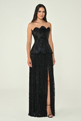 Straplez Üst İpek Kadife Eteği Payet Uzun Elbise