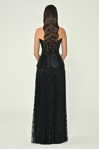 Straplez Üst İpek Kadife Eteği Payet Uzun Elbise