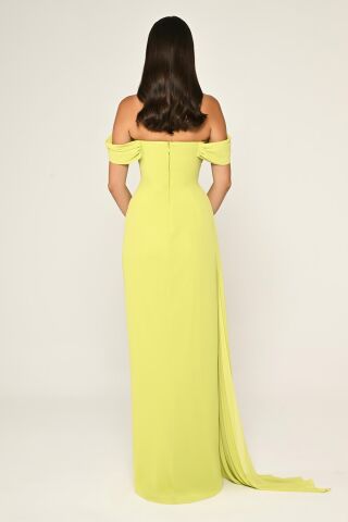 Düşük Omuz Yandan Yırtmaçlı Şifon Uzun Elbise ELMA YEŞİLİ - 40