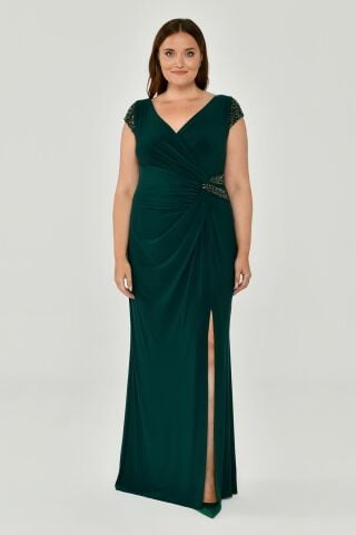 V-NECK SHORT SLEEVE LONG DRESS WITH ACCESSORIES AT THE waist