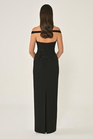 Düşük Omuz Üstü Taşlı Krep Uzun Elbise Siyah - 36