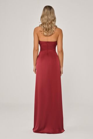 Straplez Saten Uzun Elbise ŞARAP - 38