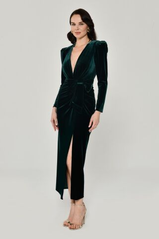 Uzun Kol Derin V Yaka Kadife Midi Elbise ZÜMRÜT - 38