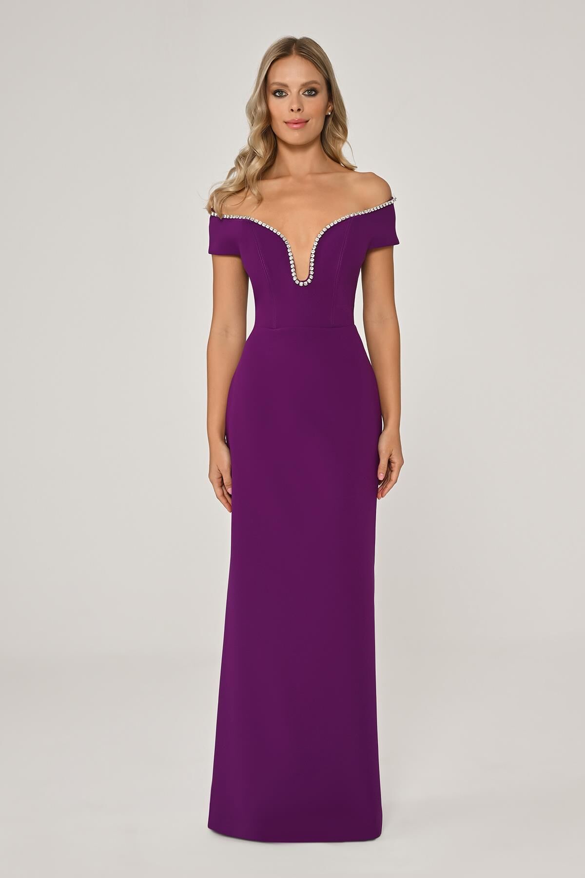 Low Shoulder Crepe Long Dress with Stone Stripe Accessories Purple - 42