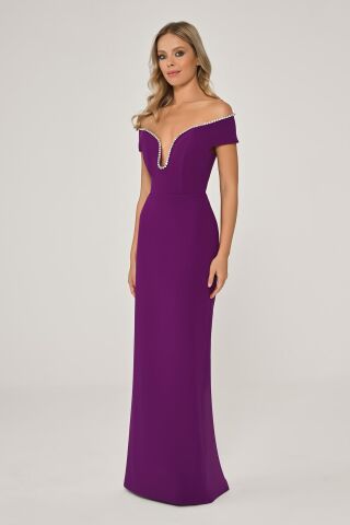 Low Shoulder Crepe Long Dress with Stone Stripe Accessories Purple - 42