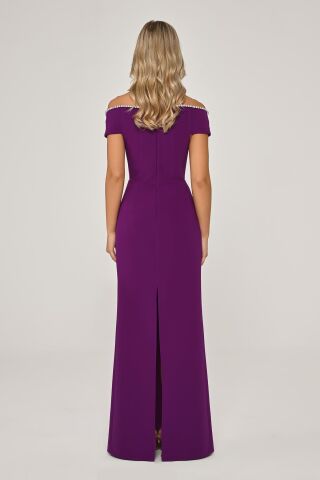 Low Shoulder Crepe Long Dress with Stone Stripe Accessories Purple - 42