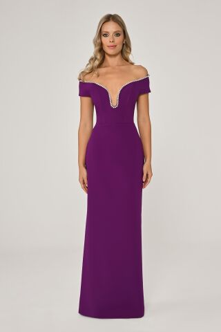 Low Shoulder Crepe Long Dress with Stone Stripe Accessories Purple - 42