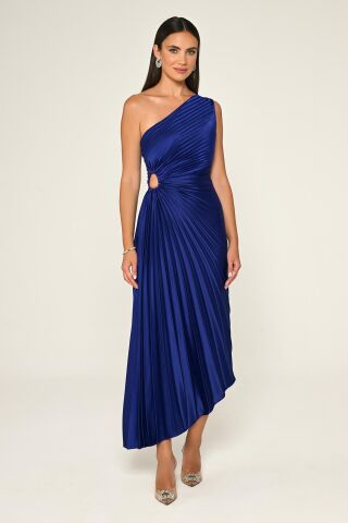 Tek Omuz Beli Pencere Detaylı Pliseli Saten Asimetrik Kesim Midi Elbise SAKS - 38