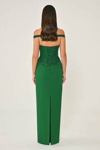 Düşük Omuz Üstü Taşlı Krep Uzun Elbise ZÜMRÜT - 38