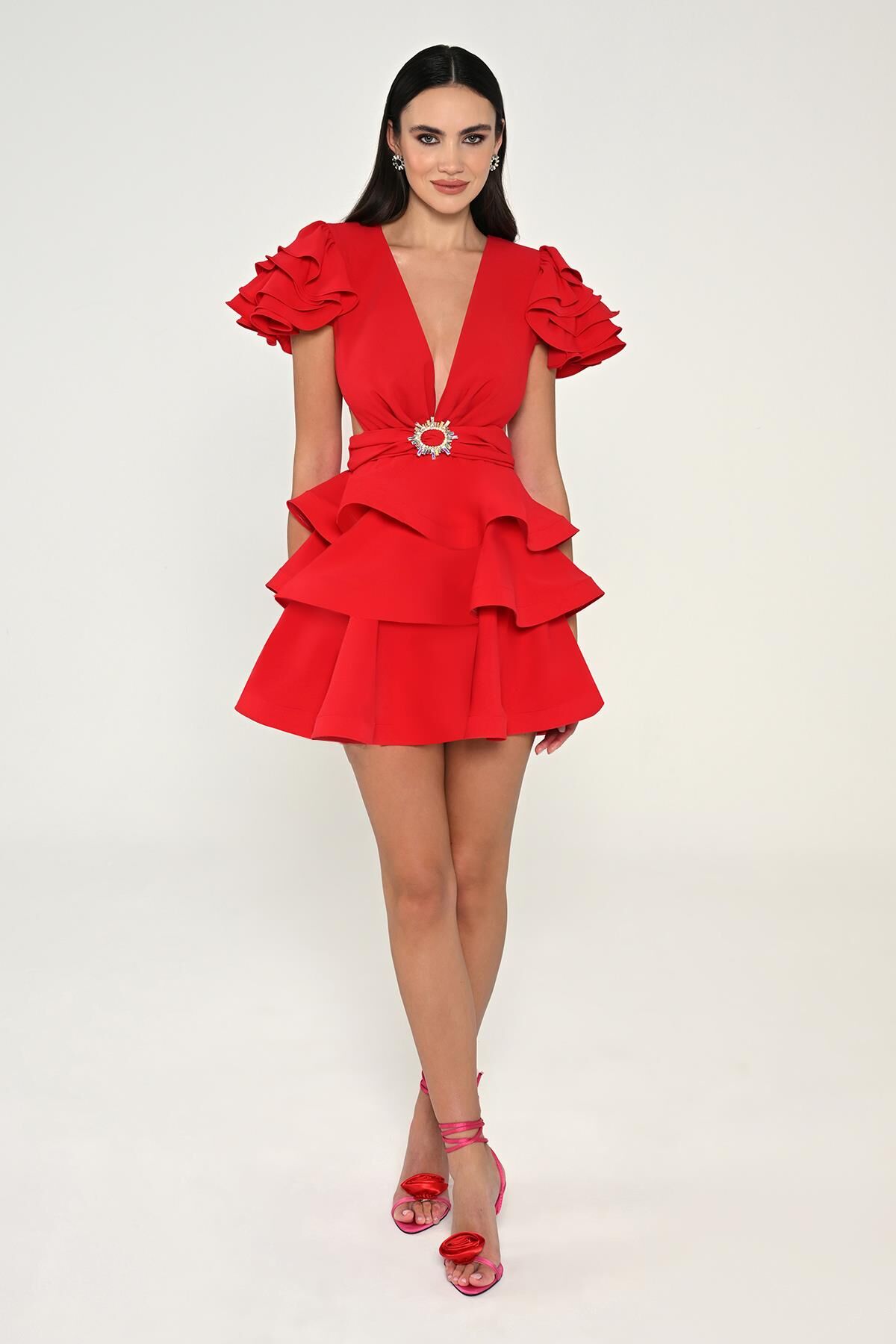 Fırfırlı Balon Kol V Yaka Katlı Etek Krep Kısa Elbise Kırmızı - 38