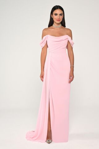 Düşük Omuz Yandan Yırtmaçlı Şifon Uzun Elbise Pudra - 40