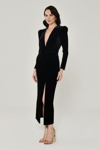 Uzun Kol Derin V Yaka Kadife Midi Elbise Siyah - 36