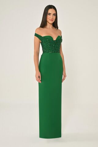 Düşük Omuz Üstü Taşlı Krep Uzun Elbise ZÜMRÜT - 42