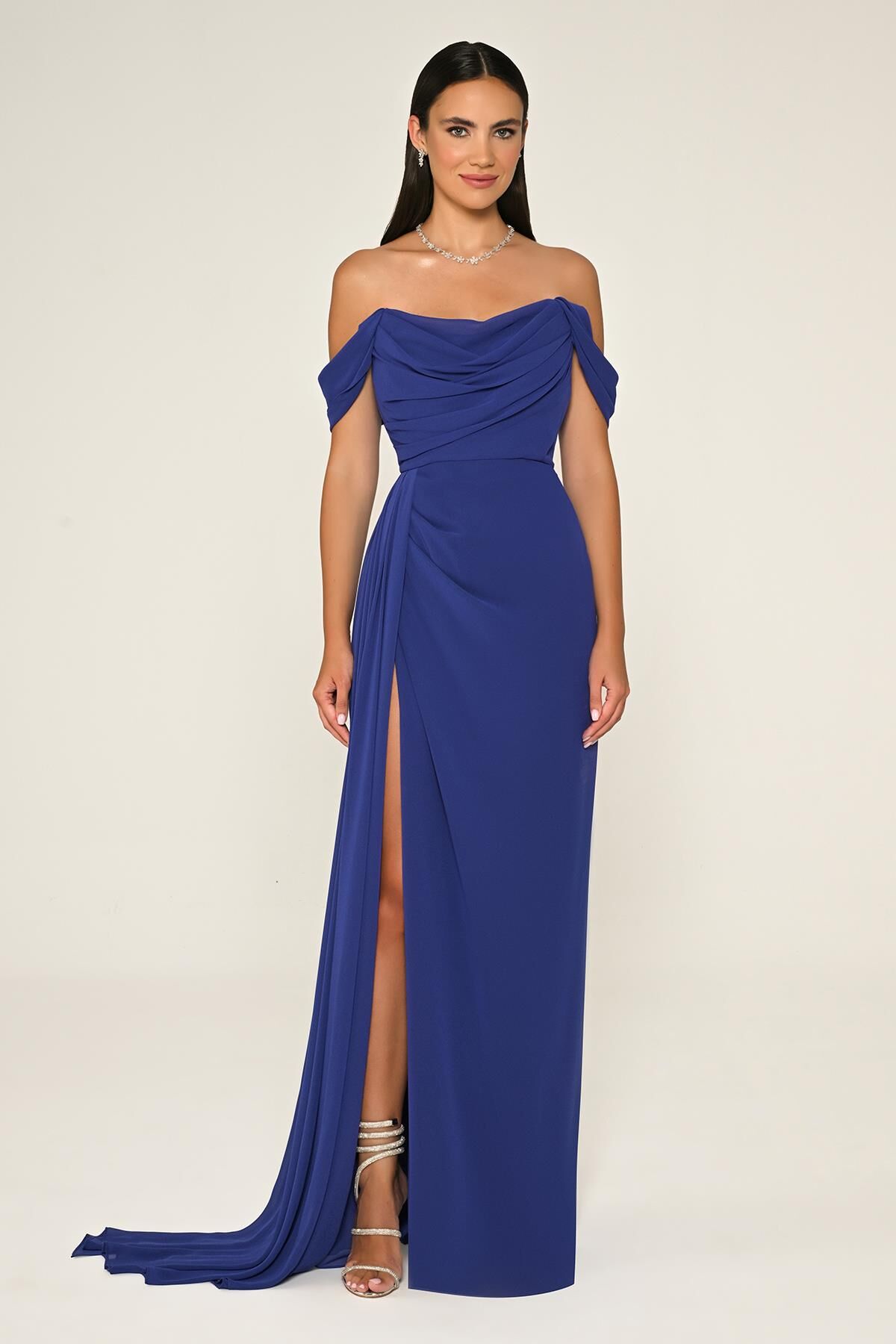 Düşük Omuz Yandan Yırtmaçlı Şifon Uzun Elbise SAKS / MOR - 36