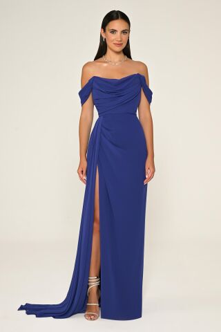 Düşük Omuz Yandan Yırtmaçlı Şifon Uzun Elbise SAKS / MOR - 36