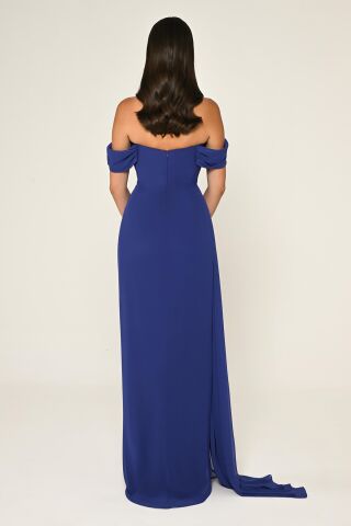 Düşük Omuz Yandan Yırtmaçlı Şifon Uzun Elbise SAKS / MOR - 36