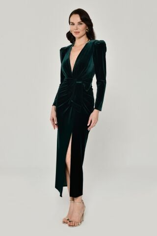 Uzun Kol Derin V Yaka Kadife Midi Elbise ZÜMRÜT - 46