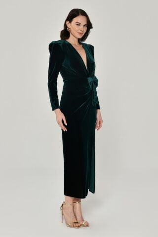 Uzun Kol Derin V Yaka Kadife Midi Elbise ZÜMRÜT - 46