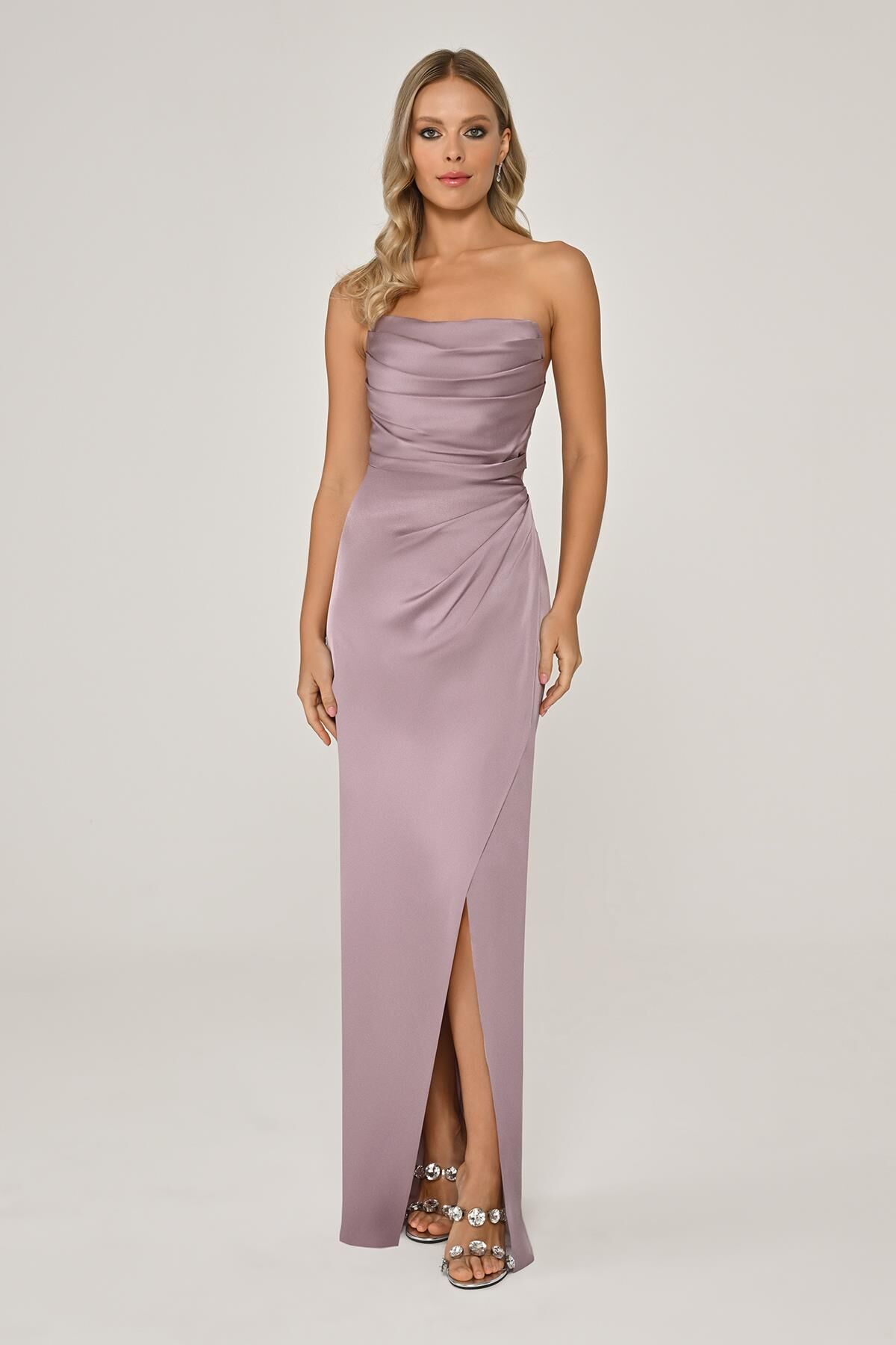 Straplez Saten Uzun Elbise AÇIK LİLA - 36