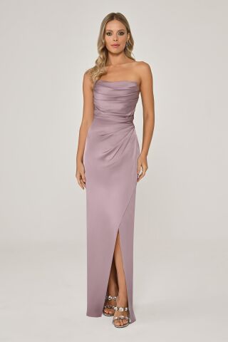 Straplez Saten Uzun Elbise AÇIK LİLA - 36