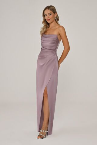 Straplez Saten Uzun Elbise AÇIK LİLA - 36