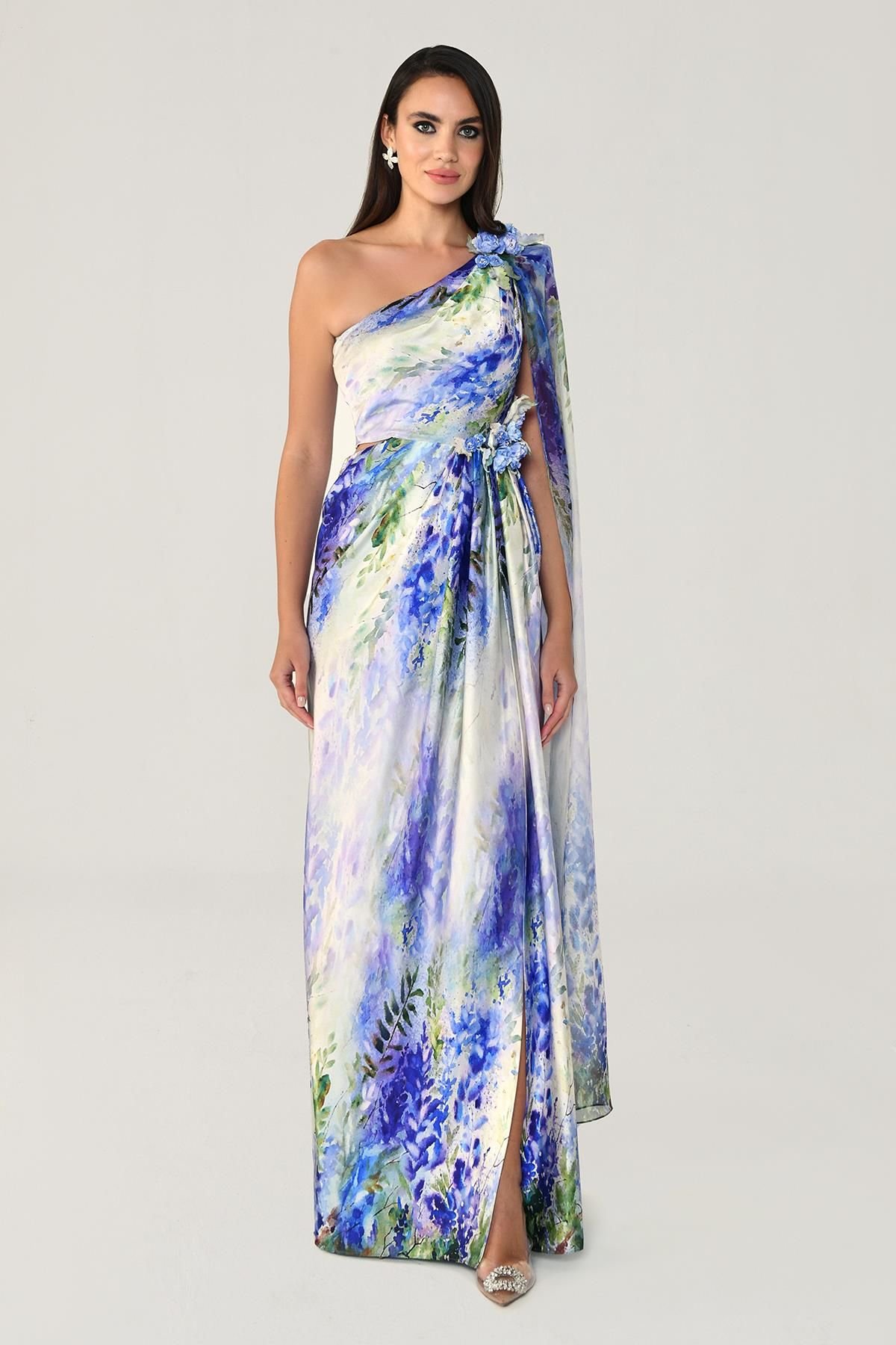 One Shoulder Chiffon Shawl Patterned Satin Long Dress PURPLE / GREEN - 44