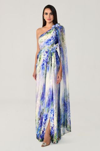 One Shoulder Chiffon Shawl Patterned Satin Long Dress PURPLE / GREEN - 44