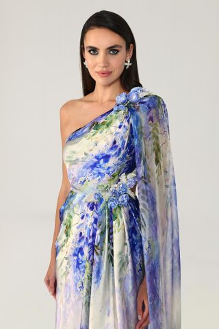 One Shoulder Chiffon Shawl Patterned Satin Long Dress PURPLE / GREEN - 44