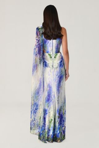 One Shoulder Chiffon Shawl Patterned Satin Long Dress PURPLE / GREEN - 44
