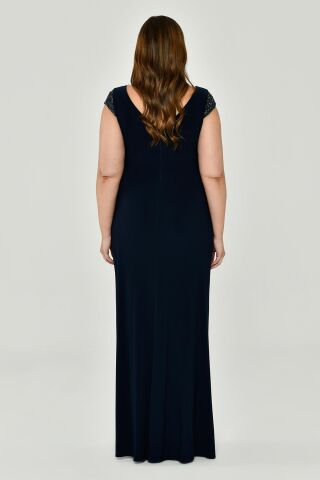 V Yaka Kısa Kollu Beli Aksesuarlı Yırtmaçlı Uzun Elbise Lacivert - 48