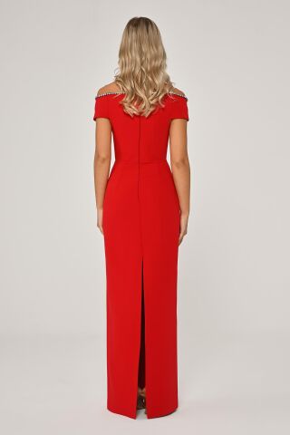 Düşük Omuz Taş Şerit Aksesuarlı Krep Uzun Elbise Kırmızı - 40