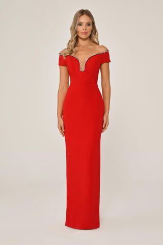 Düşük Omuz Taş Şerit Aksesuarlı Krep Uzun Elbise Kırmızı - 40