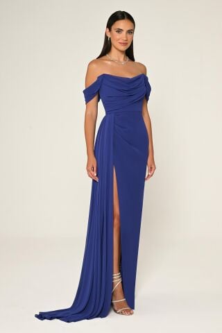 Low Shoulder Side Slit Chiffon Long Dress SAKS / PURPLE - 42