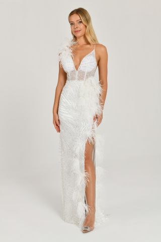 İp Askılı Sırt İp Askılı V Yaka Otriş Akesuarlı Pullu Kumaş Uzun Elbise Beyaz - 36