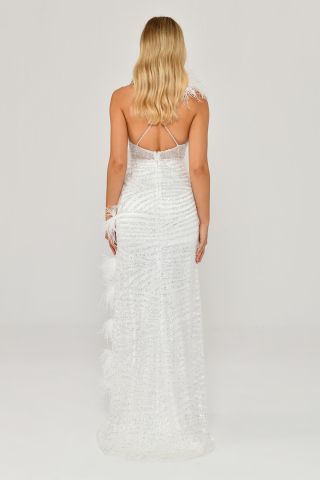 İp Askılı Sırt İp Askılı V Yaka Otriş Akesuarlı Pullu Kumaş Uzun Elbise Beyaz - 36