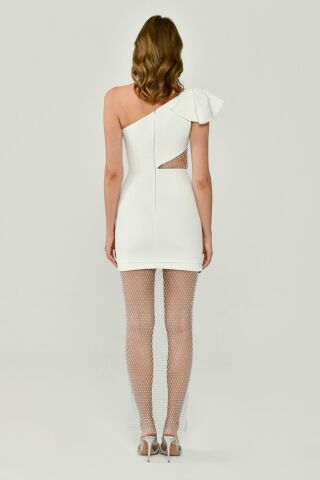 One-Shoulder-Netzkleid mit Steinen an Oberteil und Rock Weiß - 36