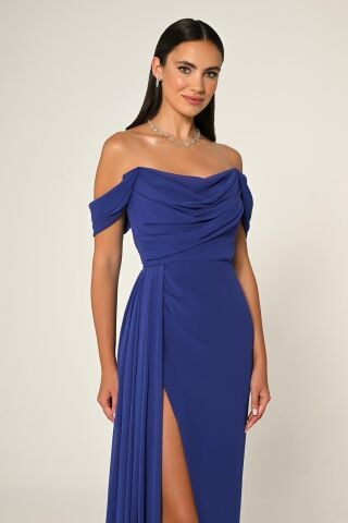 Düşük Omuz Yandan Yırtmaçlı Şifon Uzun Elbise SAKS / MOR - 44