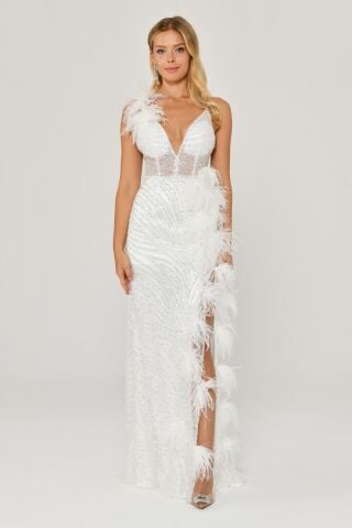 İp Askılı Sırt İp Askılı V Yaka Otriş Akesuarlı Pullu Kumaş Uzun Elbise Beyaz - 38