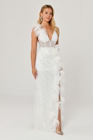 İp Askılı Sırt İp Askılı V Yaka Otriş Akesuarlı Pullu Kumaş Uzun Elbise Beyaz - 38