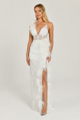 İp Askılı Sırt İp Askılı V Yaka Otriş Akesuarlı Pullu Kumaş Uzun Elbise Beyaz - 40