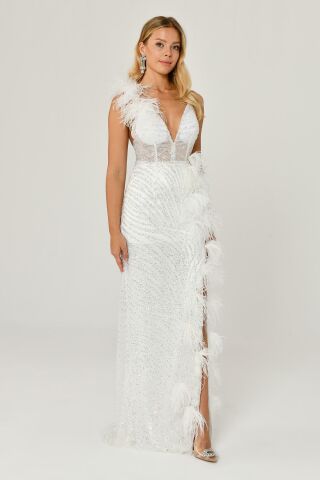 İp Askılı Sırt İp Askılı V Yaka Otriş Akesuarlı Pullu Kumaş Uzun Elbise Beyaz - 40