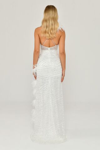 İp Askılı Sırt İp Askılı V Yaka Otriş Akesuarlı Pullu Kumaş Uzun Elbise Beyaz - 40