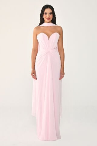 Straplez Şal Aksesuarlı Drapeli Şifon Uzun Elbise