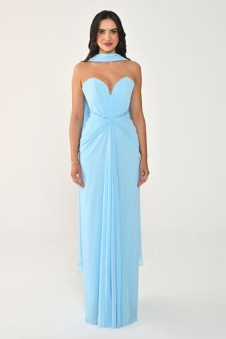 Straplez Şal Aksesuarlı Drapeli Şifon Uzun Elbise