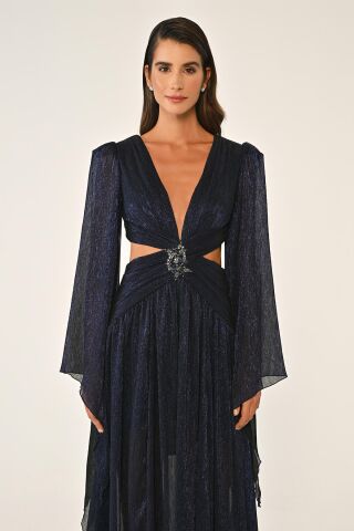 V Yaka Bel Sırt Dekolteli Önü Broşlu Şifon Uzun Elbise Lacivert - 38