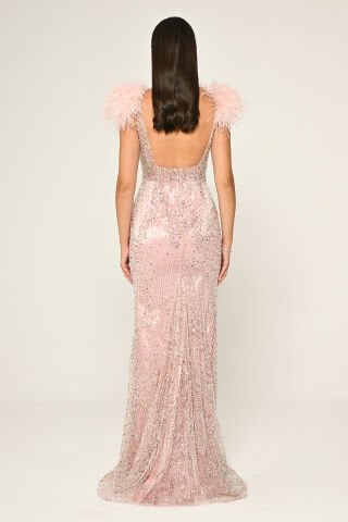 Omzu Otrişli Taşlı Uzun Elbise Kemik - 38